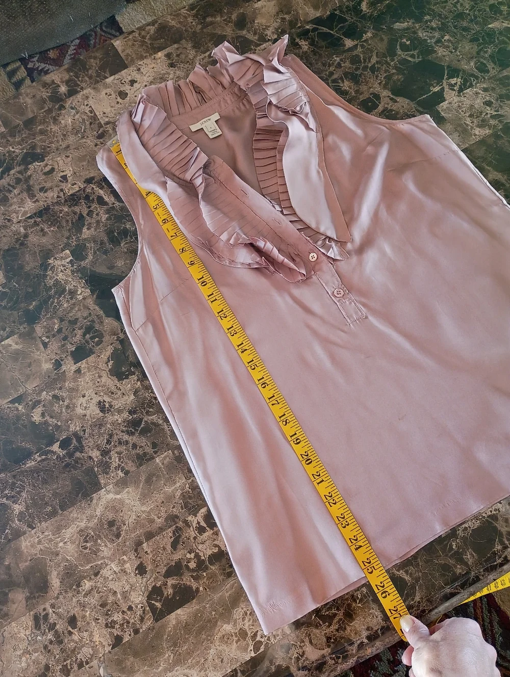 J. Crew 100% Silk Beige Tan Pink Mauve Ruffled Button Sleeveless Top Size 6 - Picture 16 of 16